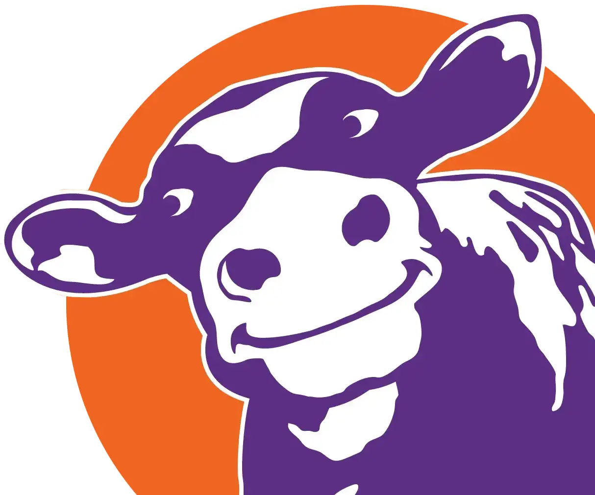 Smiling purple cow logo illustration with an orange circle background.