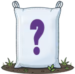 White sack with a large purple question mark on it standing on soil with small plants.