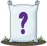 White sack with a large purple question mark on it standing on soil with small plants.