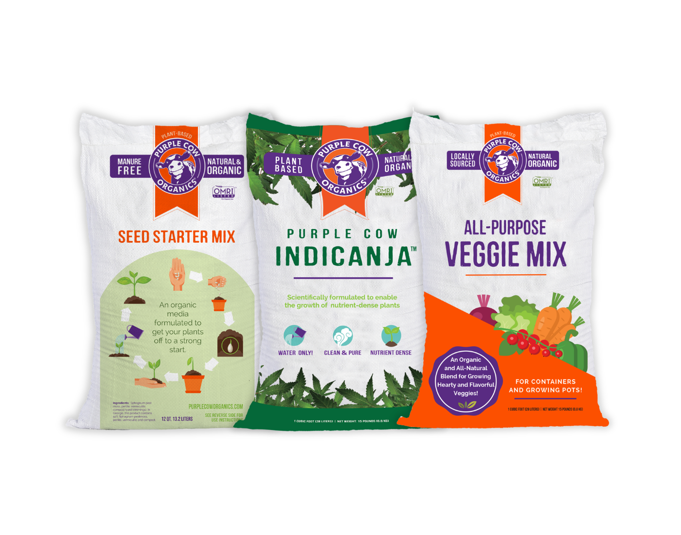 Three Purple Cow Organics plant-based organic gardening soil bags for seed starter, Indicanja, and all-purpose veggie mix.