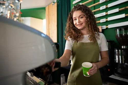 Smiling barista holding green cup at coffee machine
