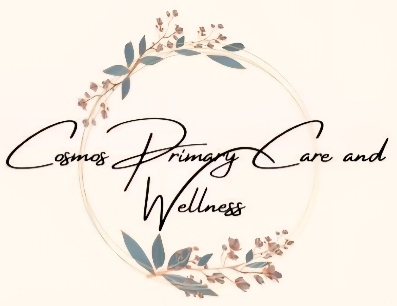 Logo with a circular floral wreath enclosing the text 'Cosmos Primary Care and Wellness' in elegant script font.