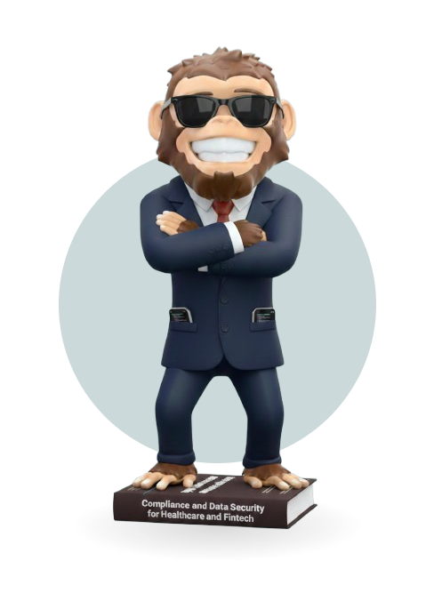 Foonkie Monkey mascot wearing a navy blue suit, red tie, and sunglasses standing with arms crossed on a book titled 'Compliance and Data Security for Healthcare and Fintech'.