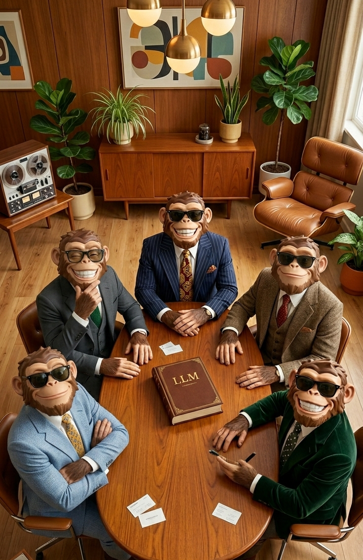 Five monkeys wearing business suits and sunglasses seated around a wooden table with a large book titled 'LLM' and business cards, in a stylish mid-century modern office.