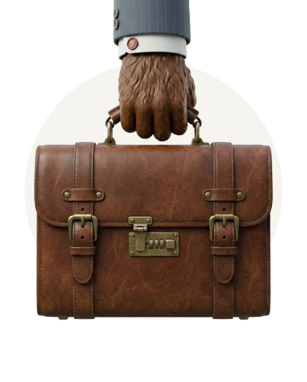 A monkey hand wearing a suit sleeve holding a brown leather briefcase with a combination lock.