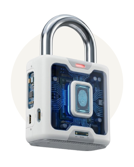 Modern padlock with a fingerprint scanner and visible electronic circuitry.