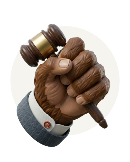 A monkey hand holding a wooden judge’s gavel, dressed in a formal suit sleeve with a cufflink, representing the law. 