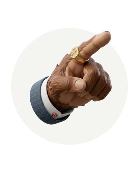 A detailed 3D illustration of a monkey hand wearing a suit sleeve and a gold ring, pointing forward.