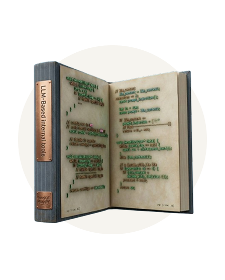 Open book styled as a code editor showing code with the title 'LLM-Based Internal Tools' on the spine.