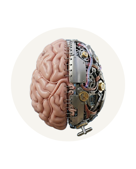 Half human brain merged with half mechanical gears and wires in a circular frame representing bioengineering or artificial intelligence.