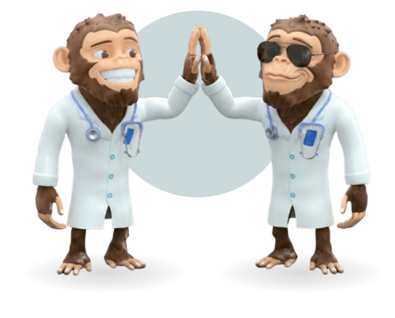 Two smiling monkeys dressed as doctors giving each other a high-five, one wearing sunglasses.