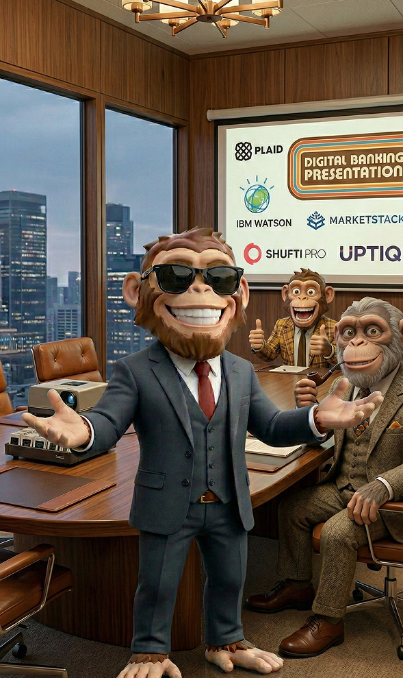 Three cartoon monkeys dressed in business suits in a modern office with city skyline, posing before a screen showing logos and text 'Digital Banking Presentation'.