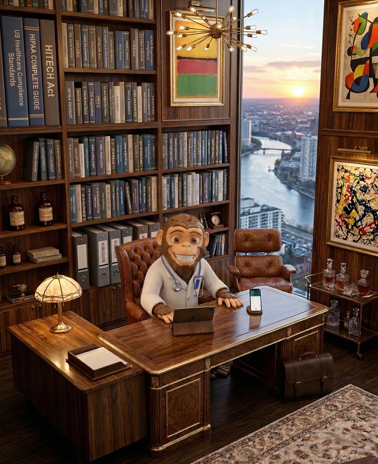 Animated monkey doctor wearing a white coat sitting at a wooden desk in a sophisticated office with bookshelves, abstract art, and a city view through a large window.