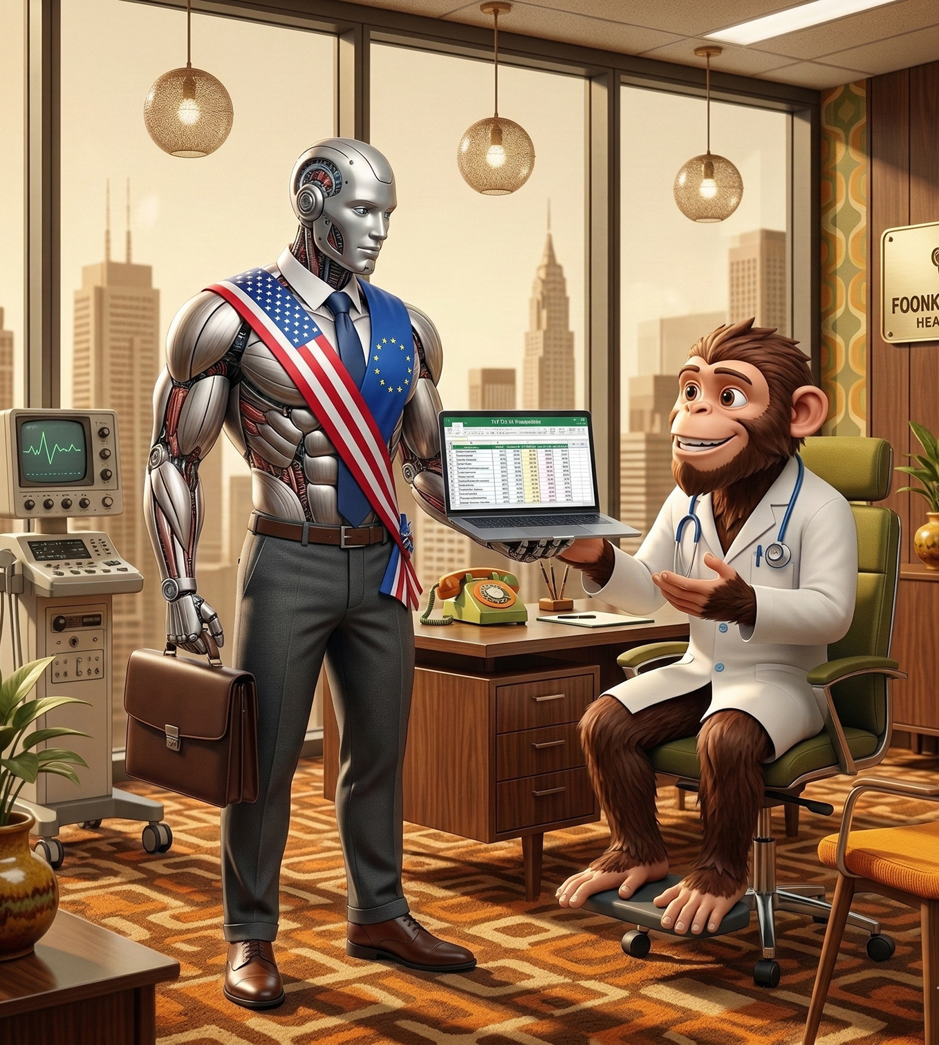 Futuristic humanoid robot wearing American and European Union flag sashes holding a briefcase and laptop, talking to a chimpanzee wearing a white doctor coat and stethoscope in a retro styled office.