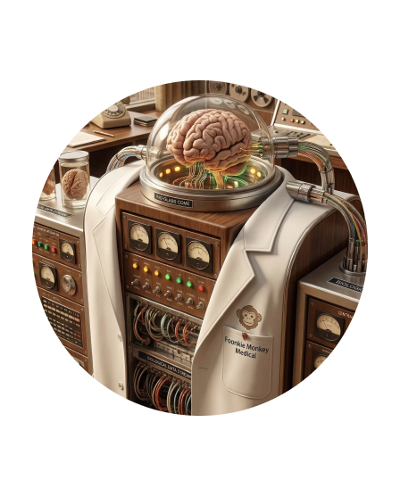 Robot with a human brain encased in a glass dome for a head, wearing a white lab coat labeled 'Fronkie Monkey Medical' in a vintage medical equipment setting. Representing Intelligent patient data processing platforms