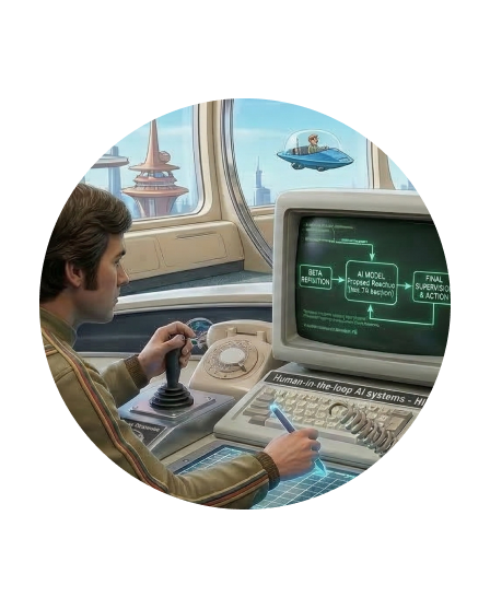 Man operating futuristic control panel with joystick and stylus, monitoring AI system progress on vintage screen in a sci-fi setting. Representing Human-in-the-loop AI systems. 