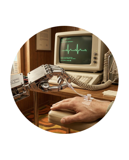 Robotic hand holding the finger of a human hand with an intravenous drip, next to a vintage computer screen displaying a green heart rate waveform. Representing AI-assisted diagnostic workflows