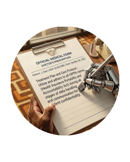 A robotic hand and an monkey hand holding a pen together to write on a medical prescription clipboard. Representing  AI-powered clinical decision support systems.