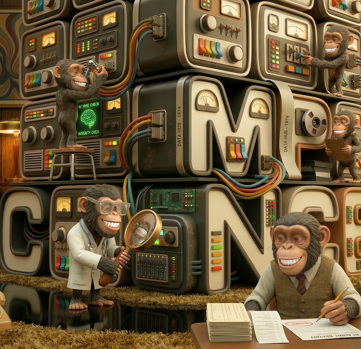 Animated monkeys dressed as office workers interacting with large vintage computer consoles spelling 'COMPLIANCE'.