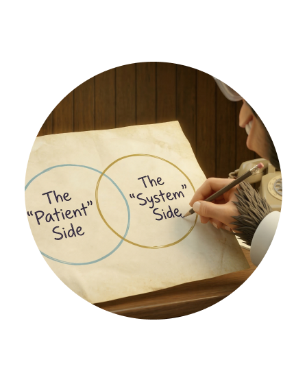 A paper with a Venn diagram showing two overlapping circles labeled 'The Patient Side' and 'The System Side' with a hand drawing the diagram with a pencil. Representing Clinical and business context analysis. 
