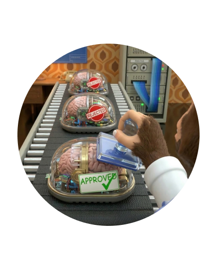 A primate hand and a robotic hand both holding a wooden steering wheel labeled 'analytics dashboards' inside a car.