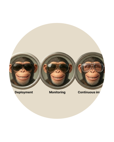 Three chimpanzees wearing different styles of sunglasses representing Deployment, Monitoring, and Continuous Improvement.