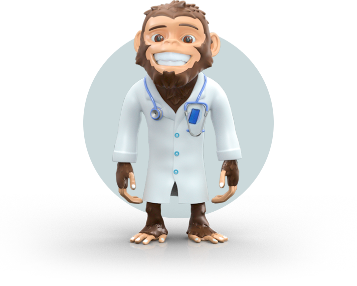 Smiling foonkie monkey mascot wearing a white doctor's coat and a stethoscope around its neck.