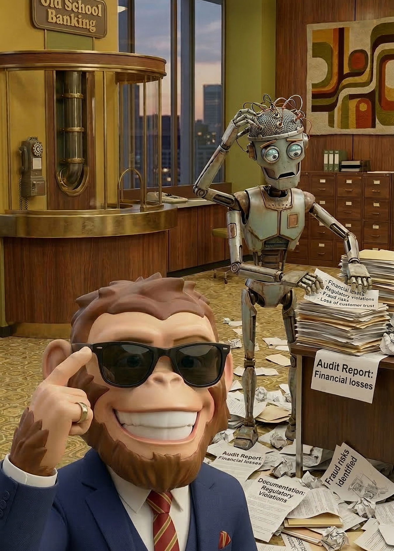Illustration of a confident foonkie monkey mascot in a suit and sunglasses with a stressed robot holding papers in a cluttered bank office labeled 'Old School Banking' focusing on financial risks.