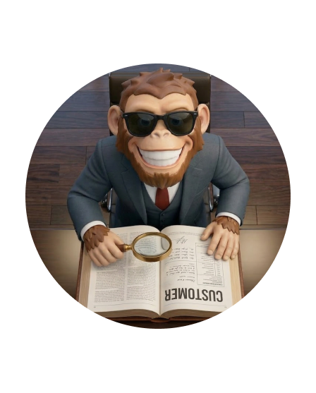 Cartoon monkey in a suit and sunglasses holding a magnifying glass over an open book labeled 'Customer.'