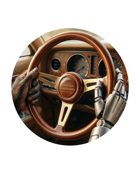 A wooden steering wheel held by a robotic metal hand and a monkey hand inside a vintage car dashboard.