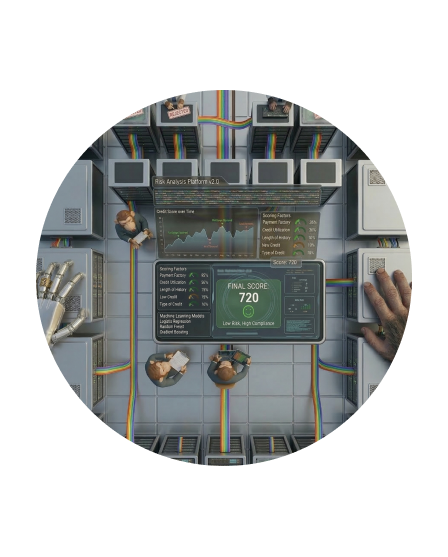 Overhead view of a risk analysis platform interface with a final score of 720 indicating low risk and high compliance, surrounded by monkey hands and robots in a digital workspace.