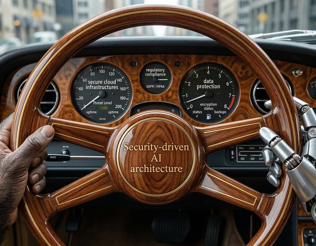 Wooden steering wheel held by a monkey hand and a robotic hand, with car dashboard dials labeled for secure cloud infrastructures, regulatory compliance, and data protection.