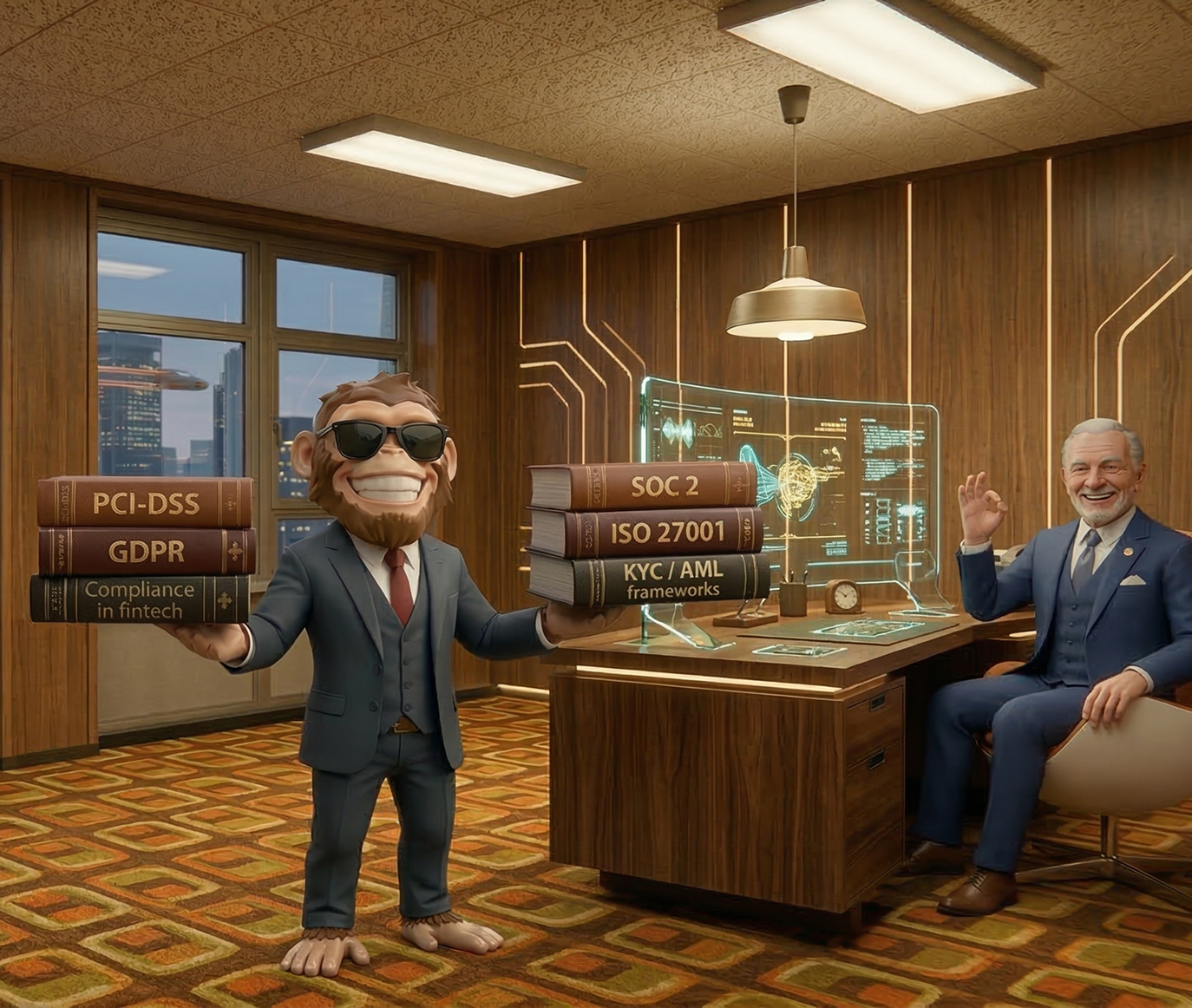 Animated monkey in a suit and sunglasses holding large books labeled PCI-DSS, GDPR, AVITR, SOC 2, ISO 27001, and KYC/AML frameworks in a retro office with a futuristic transparent computer screen.
