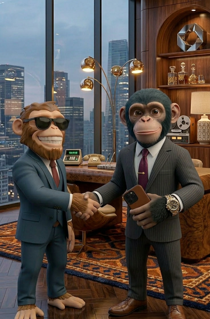 Two anthropomorphic monkeys in business suits shaking hands in a modern office with cityscape windows, one holding a phone and wearing sunglasses.