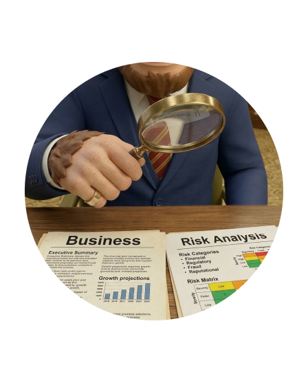 Illustration of a monkey in a suit holding a magnifying glass over business and risk analysis papers on a wooden desk.