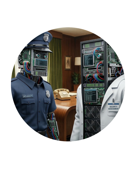 Two robots with computer hardware faces in an office, one dressed as a police officer labeled 'Data Quality' and the other in a lab coat labeled 'Security Assessment'.