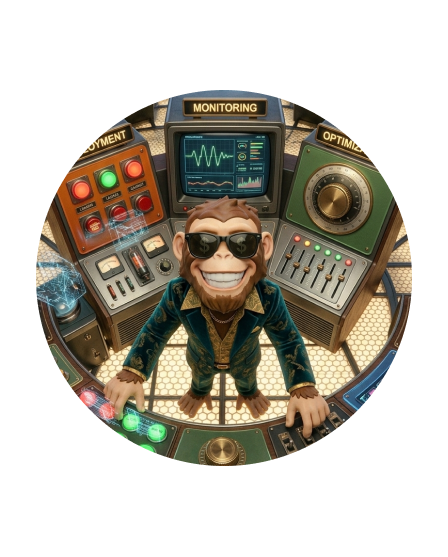 Stylized monkey wearing sunglasses with dollar signs in front of a futuristic control panel labeled Deployment, Monitoring, and Optimization.