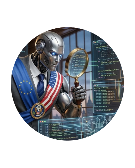Robot dressed in a suit with EU and US flags inspecting computer code through a magnifying glass.