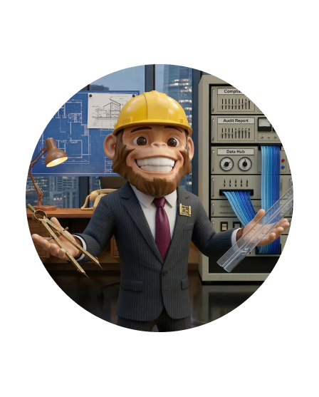 Smiling foonkie monkey mascot wearing a yellow construction helmet and suit, holding a compass and a ruler in an office with blueprints and a server rack labeled with audit and data hub reports. Representing System architecture design. 