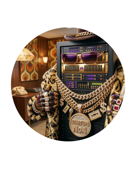 Hip hop styled Server rack dressed in gold chains, sunglasses, a cowboy hat, and a fur coat in a retro-styled room. Representing Model development and validation