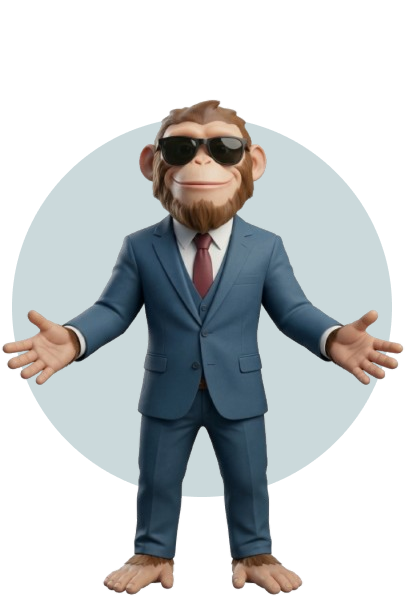 Foonkie Monkey mascot wearing sunglasses and a blue business suit with a red tie, standing with arms open.