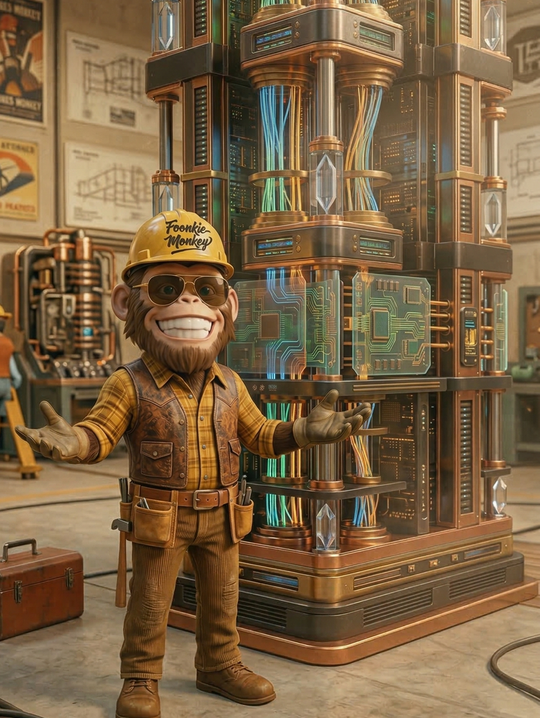 Smiling anthropomorphic monkey wearing a yellow hard hat and construction clothes stands in a high-tech workshop with futuristic circuit panels and equipment.