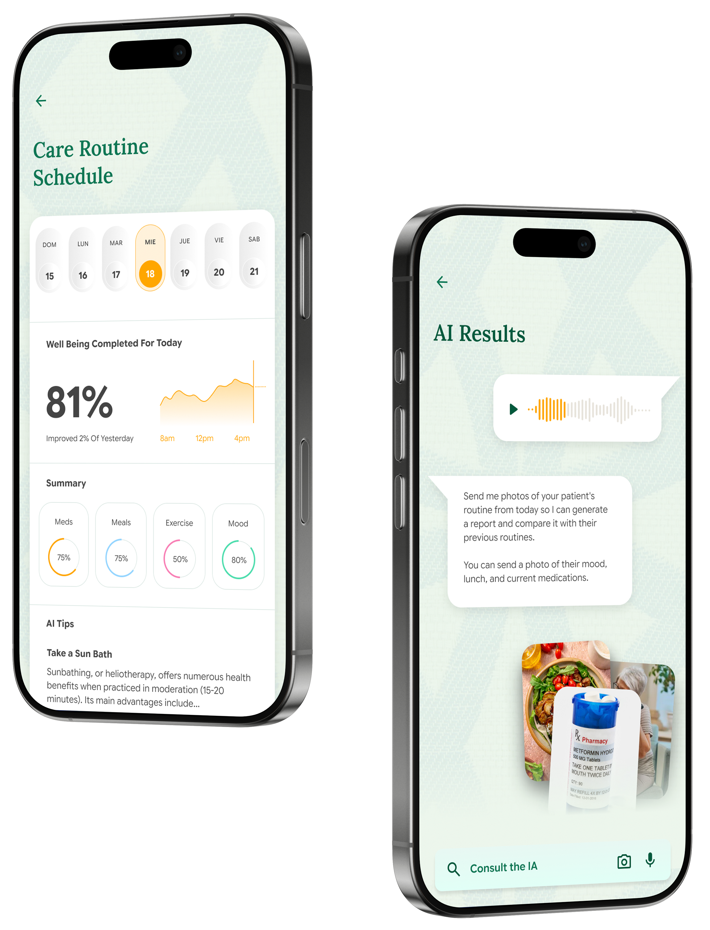 Three smartphone screens showing a financial AI app: left screen displays an AI assistant chat with quick finance questions; center screen shows a woman holding a phone and credit card with text 'Your financial data, all in one place'; right screen presents financial stats including total balance, monthly spending, savings rate, and a spending trend graph.