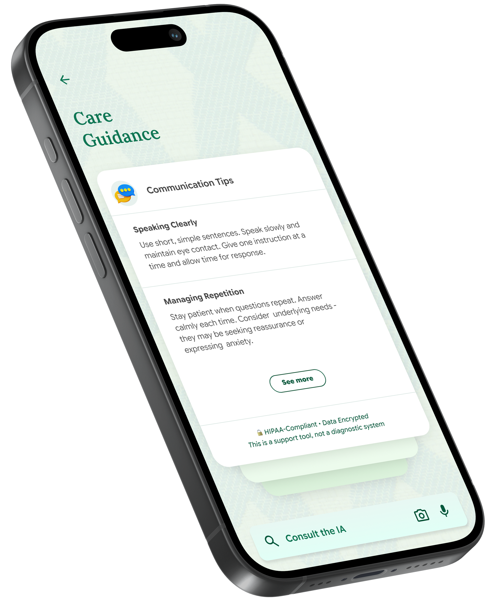 Smartphone screen showing a Care Guidance app with Communication Tips on speaking clearly and managing repetition, and a search bar labeled Consult the IA.