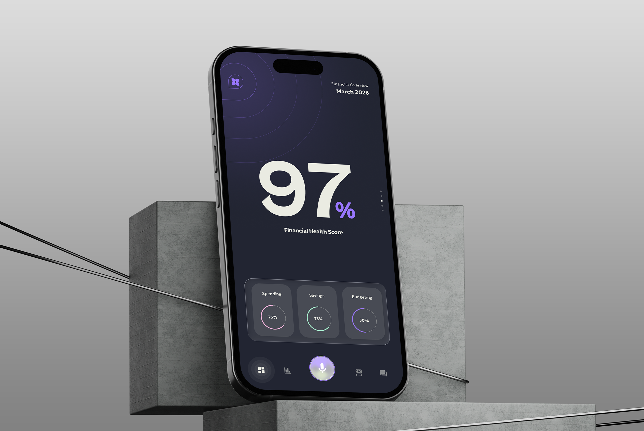 Smartphone displaying a financial health score of 97% with spending and savings at 75% and budgeting at 50%, dated March 2026.
