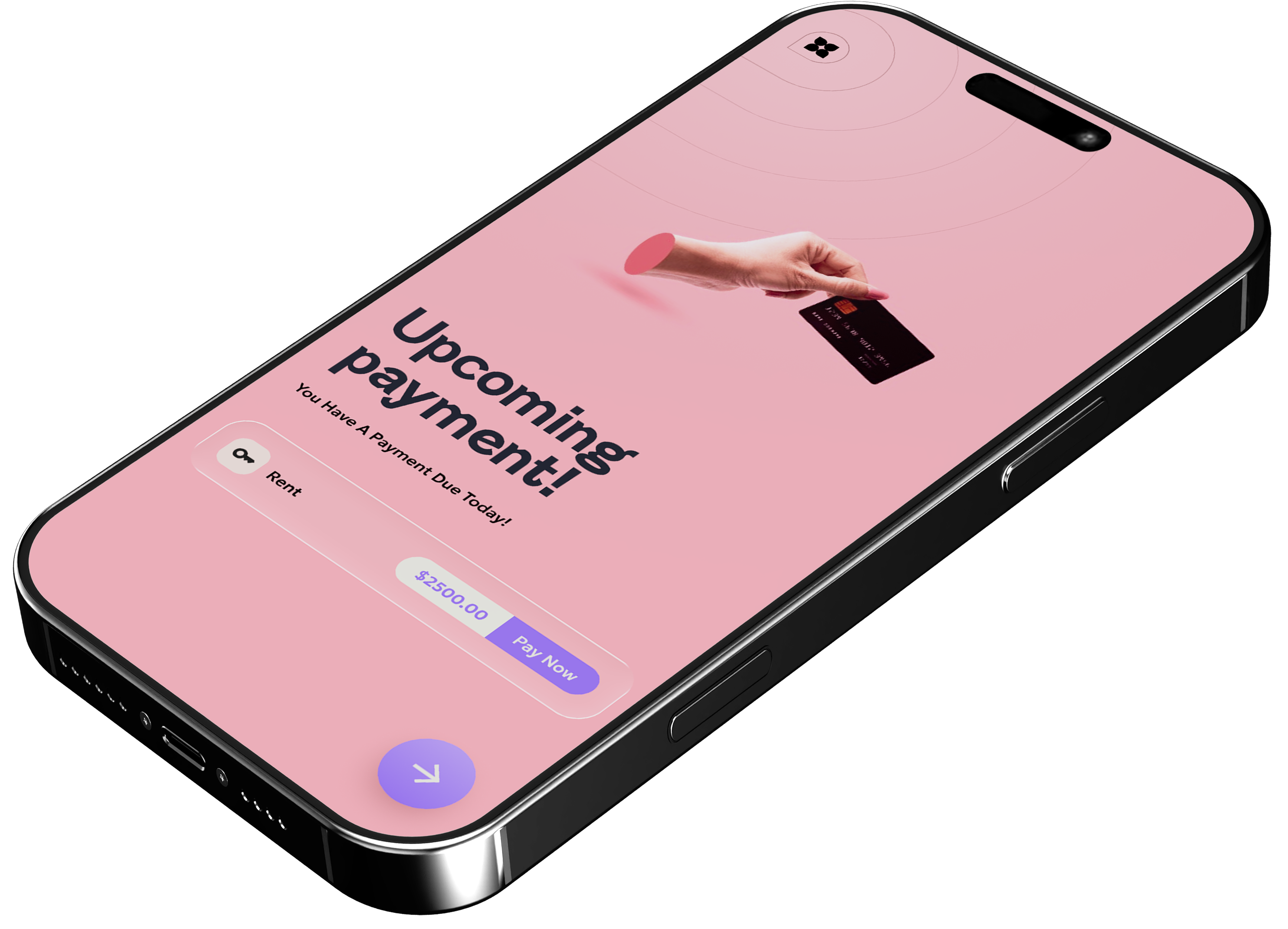 Smartphone screen showing an upcoming payment alert with a hand holding a credit card and a $2500 rent payment due with a Pay Now button.