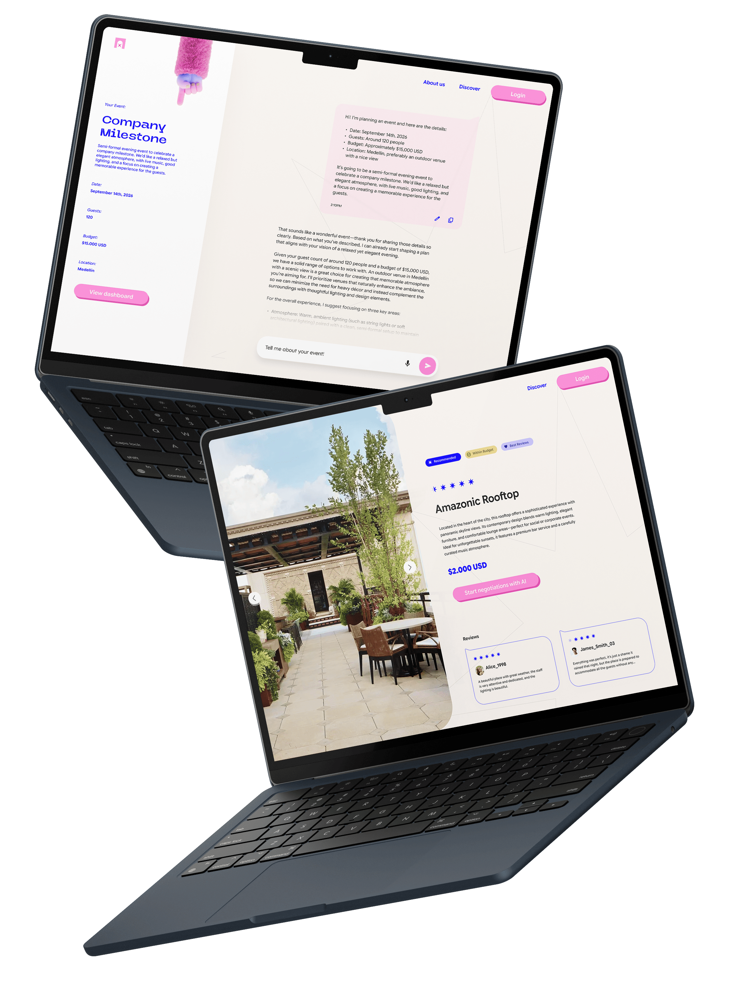 Two angled laptops displaying an event planning dashboard and a rooftop venue listing with photos, details, and reviews.
