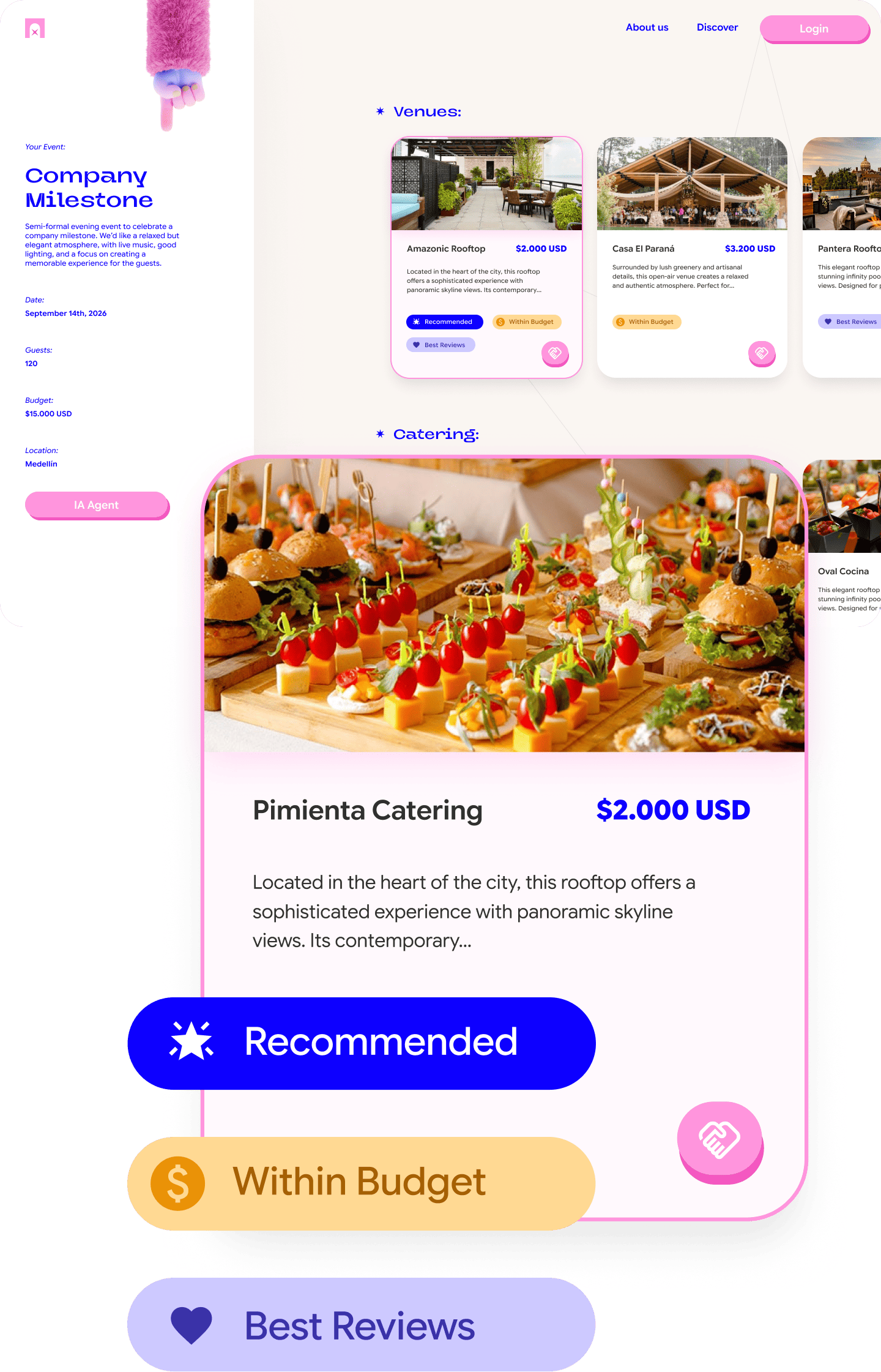 Event planning page showing company milestone details with venue and catering options, highlighting Pimienta Catering with assorted appetizers and pricing.