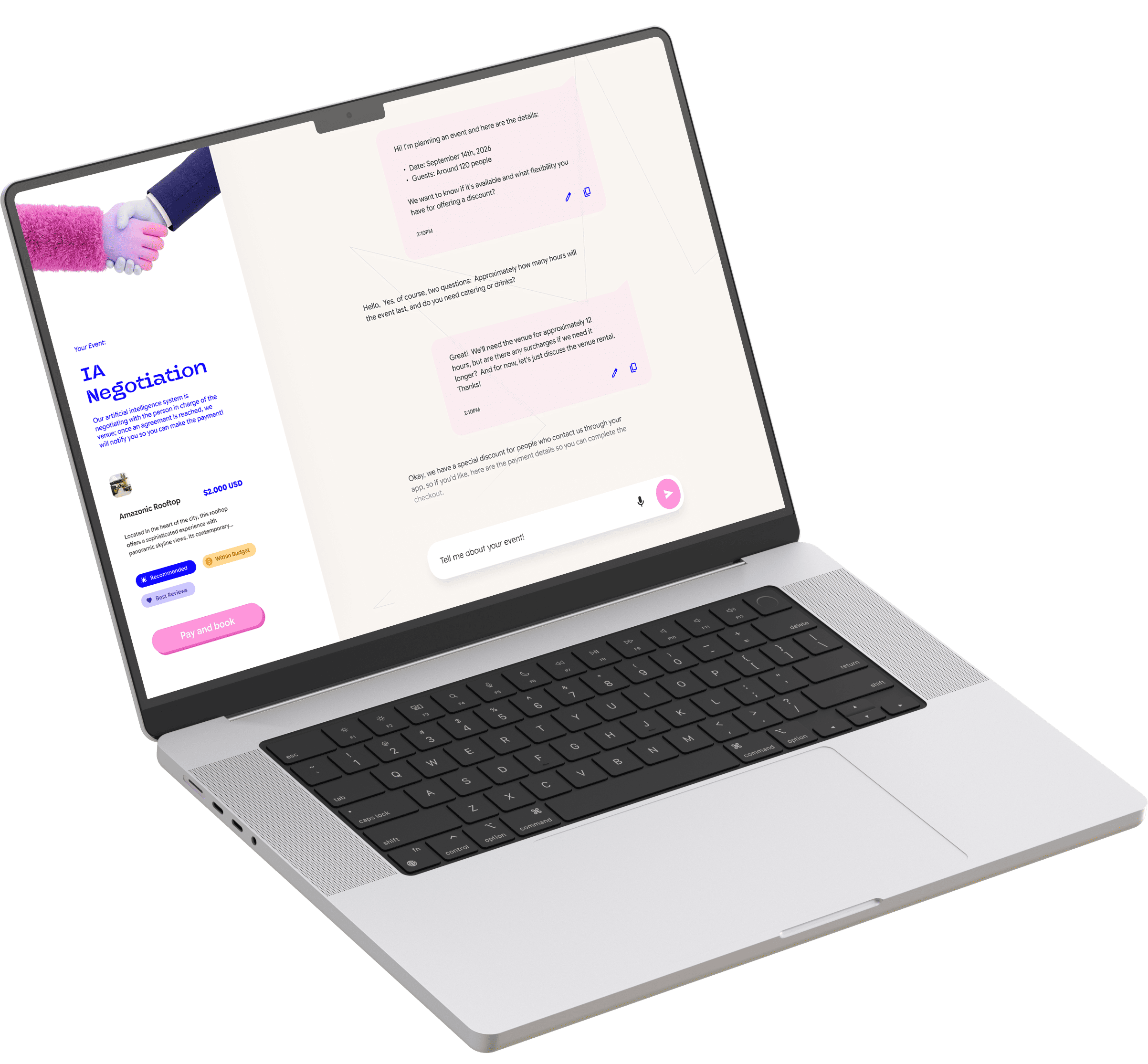 Laptop displaying an AI negotiation interface with chat messages about event planning and venue booking.