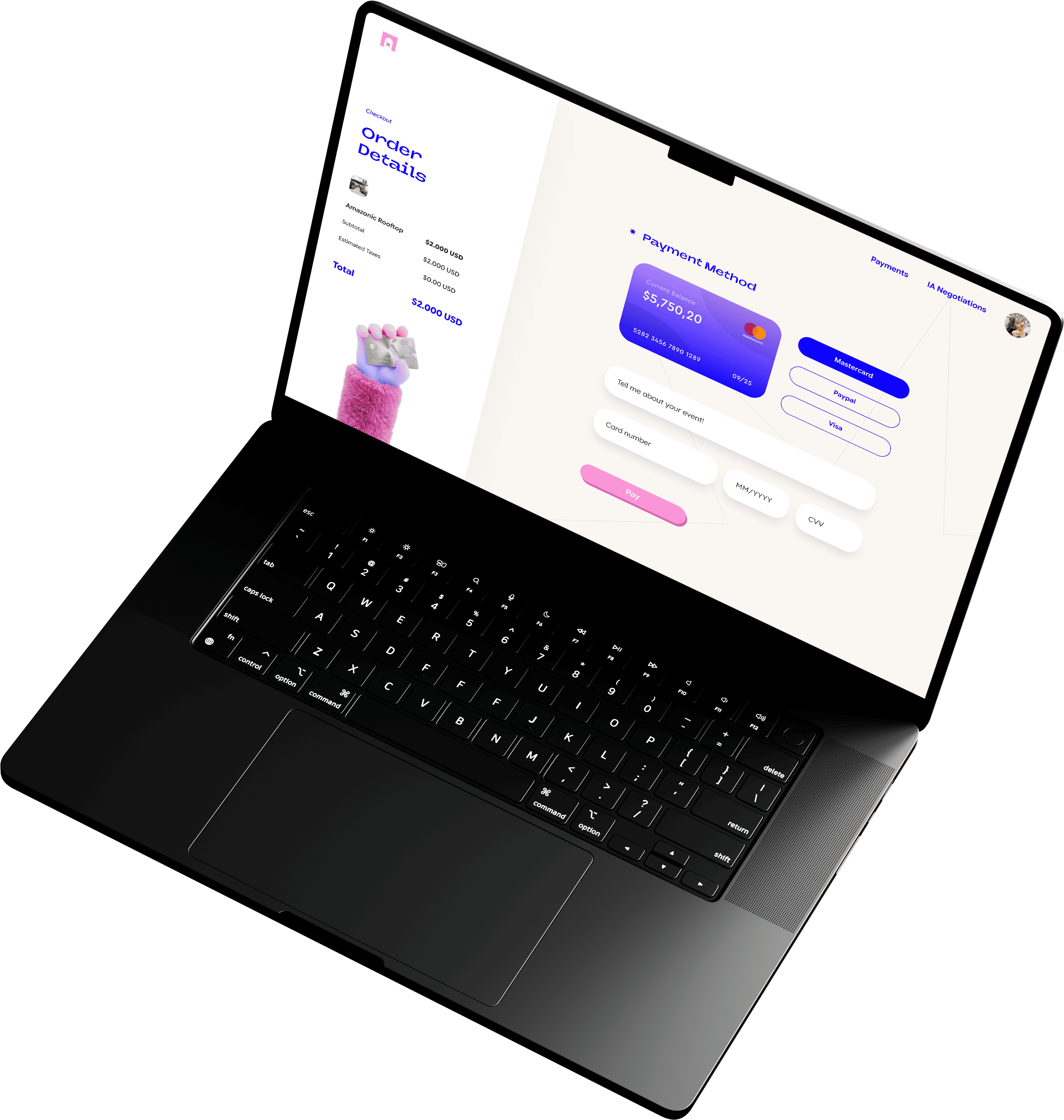 Black laptop showing a checkout screen with order details listing $2000 USD and payment method form with Mastercard selected.